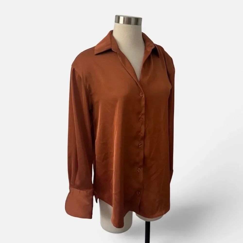 The Workshop Yellow Orange Brown Satin Blouse Button Down Small